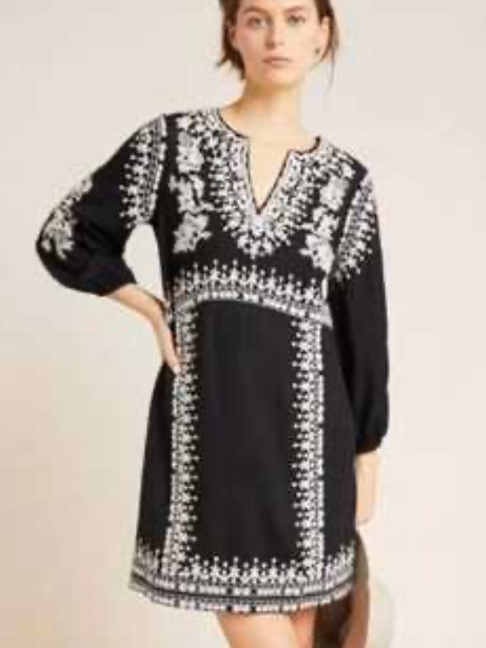 Maeve by Anthropologie Black Tunic Dress with Cream Floral Embroidery